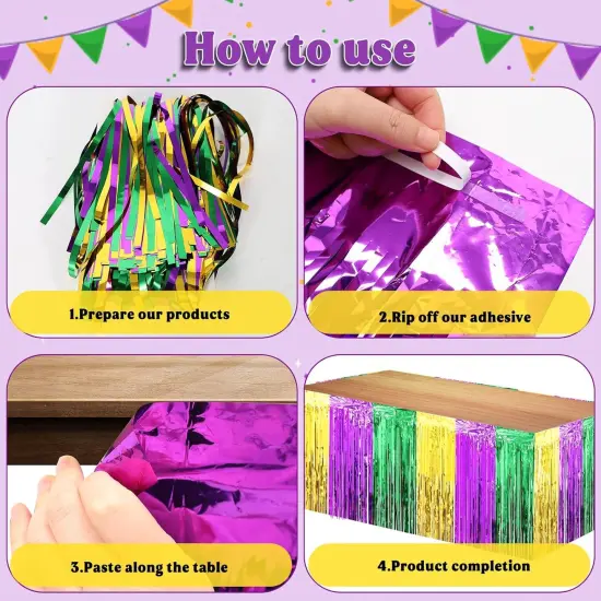 4 Packs Mardi Gras Table Skirts & 2 Pack Mardi Gras Tinsel Curtains,29x108 Inch Metallic Foil Fringe Table Skirts for Carnival Mardi Gras New Orleans Masquerade Party {4}