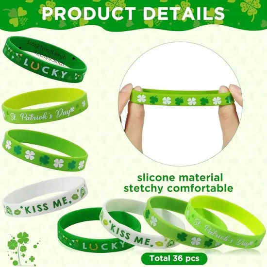 72 Pieces St. Patrick's Day Party Favors Including Green Shamrock Bracelet Lucky Rubber Wristbands Irish Clover Badges Bulk for Saint Patrick's Day Accessories Set Birthday Party Supplies Decor {3}