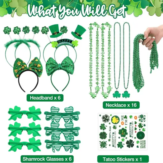 29Pack St Patricks Party Favors of 16pcs Shamrock Beads Necklace Bulk, 6pcs Clover Eyewear Sunglasses, 6pcs Green Hats Headband, 1pc St. Patrick's Day Stickers Party Dressing-up Costume Accessories {2}