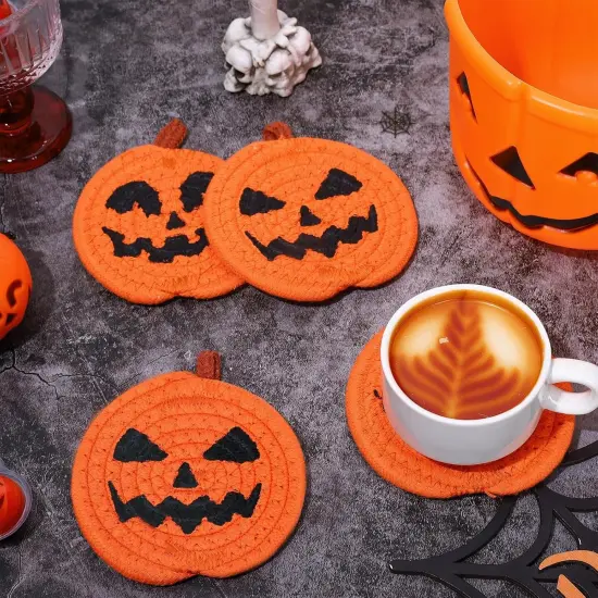 4Pcs Halloween Pumpkin Handmade Braided Cotton Coasters, 4.7 Inch {4}
