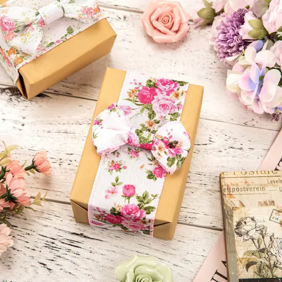 Floral Wired Edge Ribbon 4 Rolls Rose Flower Pattern Ribbon Spring Summer Fabric Decorative Craft Ribbon Roll for Gift Wrapping Decor Hair Bow Sewing Wreath Crafts, 20 Yard x 2.5 Inch {5}