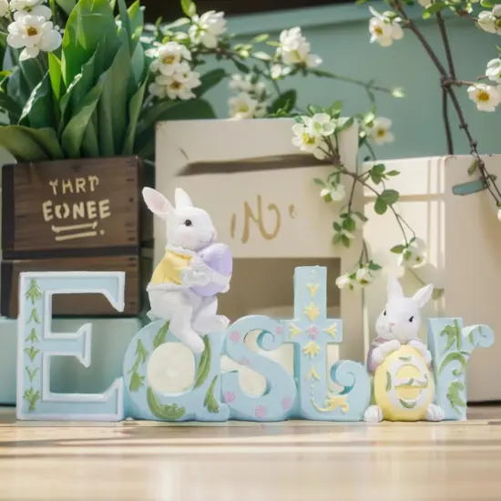 Easter Tabletop Decoration Figurine Centerpiece - Spring Bunny Decor Hand Painted Green Easter Word with 2 Rabbit Easter Decorations for The Home Farmhouse Party 11.75*2.75*5.75 in Newman House Studio {1}