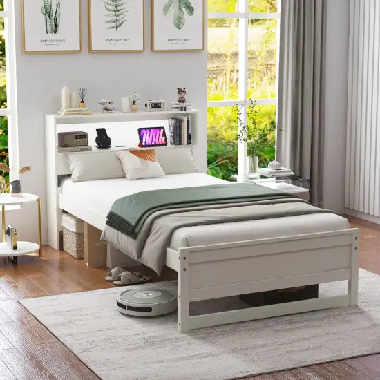 Wooden Twin Bed with Storage Headboard Charging Station LED Light and Under-bed Storage White {2}