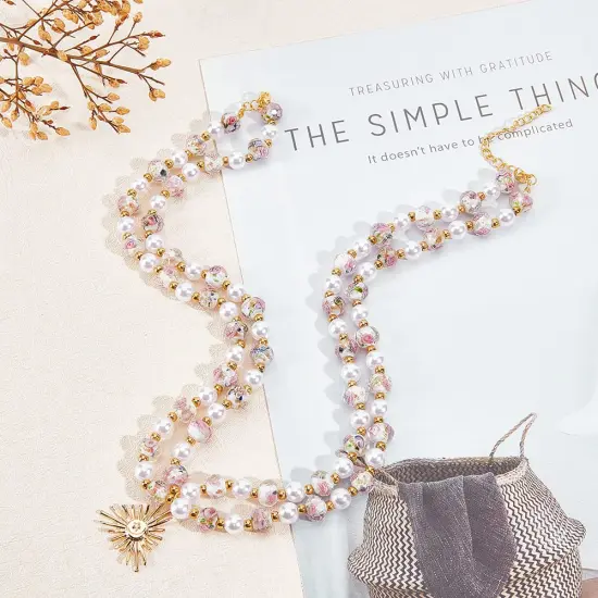 60pcs 9~10mm Rose Lampwork Beads Gold Sand Glass Beads Handmade Flower Glass Beads Round Loose Beads for Rosary Making Jewelry Craft Making with 1.5~2mm Hole - White {2}