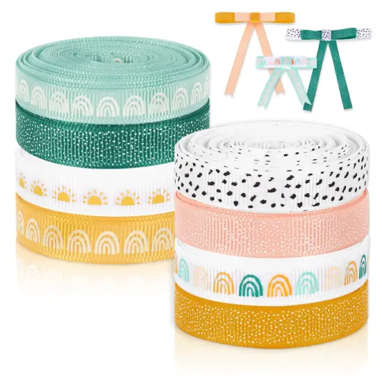 8 Rolls Boho Rainbow Ribbon 40 Yards 0.4 Inch Rainbow Themed Grosgrain Ribbon Colorful Boho Fabric Craft Ribbon for Wreath Bow Making Gift Wrapping Decor DIY Crafts {2}