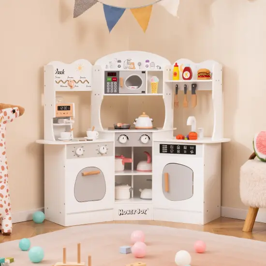 Wooden Corner Play Kitchen with Coffee Machine, Slide, and Storage for Kids White {3}