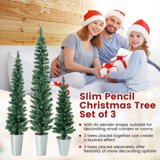 3-Pack Slim Pencil Artificial Christmas Trees with Lifelike Green PVC and Rustic Metal Buckets {6}