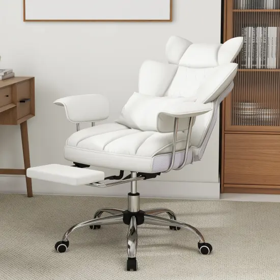 Big and Tall Executive Office Desk Chair with Footrest White {3}