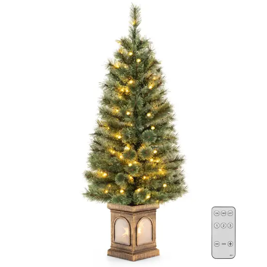 Costway 4 FT Pre-Lit Potted Christmas Tree Pine Needles 3 Dynamic Modes Remote Control {7}