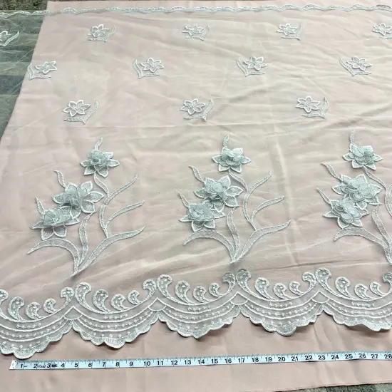 1 Yard Beaded 3D Floral Lace Fabric Embroidered Couture Mesh Gown 52" Width Silver {1}
