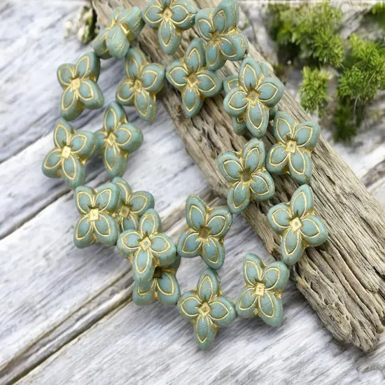 *10* 17mm Bronze Washed Matte Light Turquoise 4 Petal Lily Flower Beads {5}