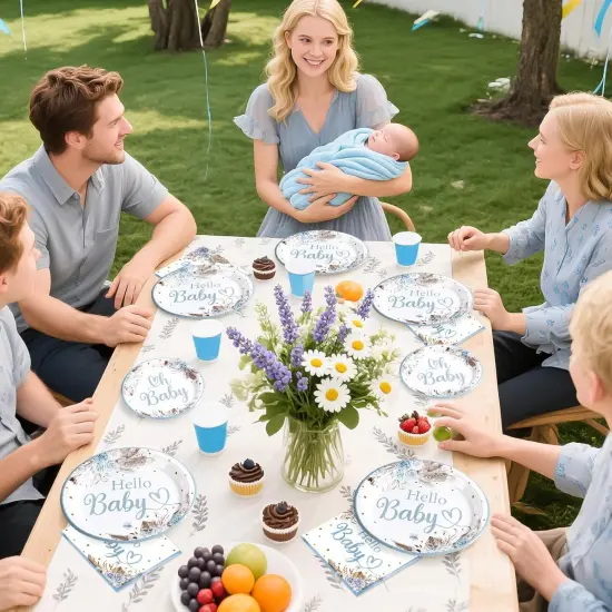 96 PCS Boho Dusty Blue Baby Shower Decorations & Tableware Set - Serves 24 {3}