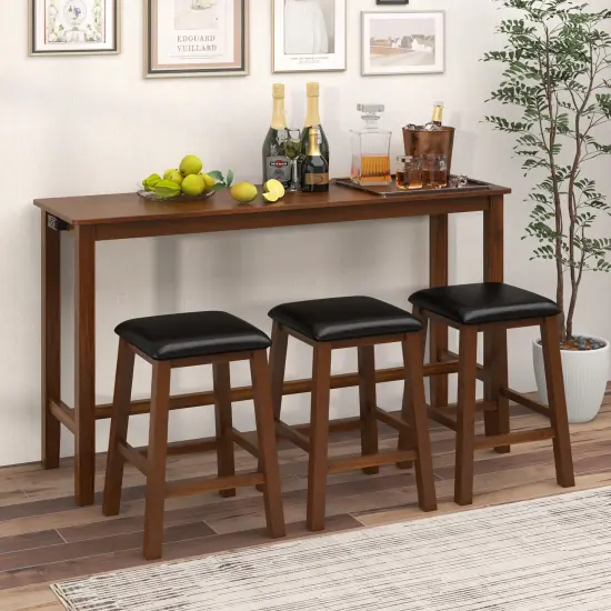 4-Piece Bar Table Set Counter-Height Table and 3 PVC Leather Upholstered Bar Stools-Brown {6}