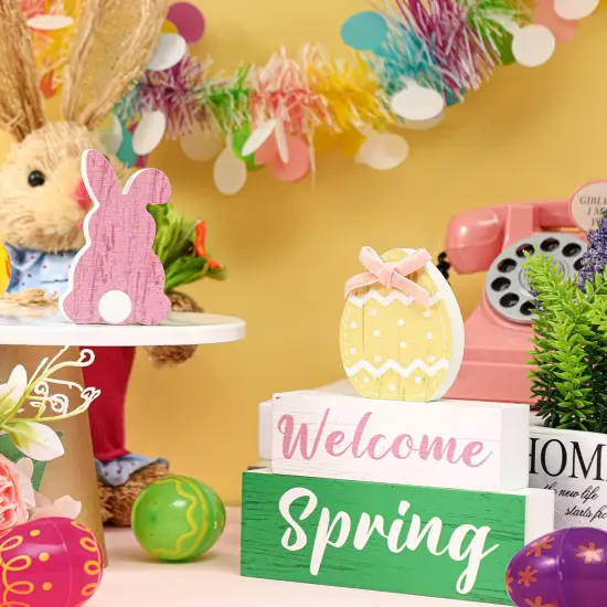 4 Pcs Spring Easter Decorations Reversible Welcome Spring Tabletop Decor Happy Easter Bunny Egg Wood Signs Double Side Rustic Farmhouse Tiered Tray Decor for Home Table Shelf Centerpieces {5}