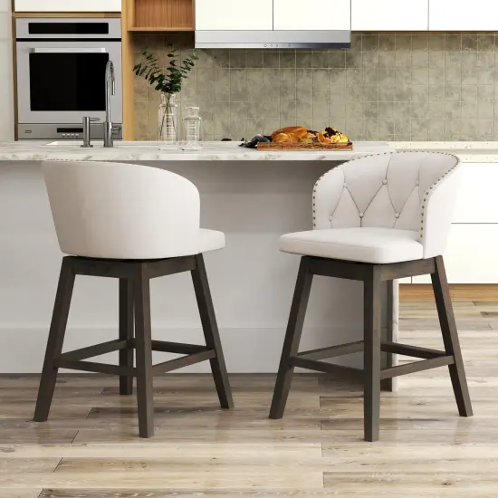 Fabric Upholstered Counter Height Bar Stools, Set of 2 with Padded Seat and Footrest Beige {3}
