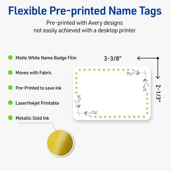 Avery® Printable Rectangle Adhesive Name Tags, Green Florals with Gold Dots Design, 2-1/3" x 3-3/8", Matte White Removable Name Tags, Laser/Inkjet, 80 Total, Great for Name Badges {2}