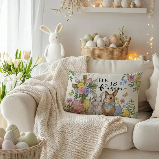 Easter Pillow Cover 12x20 Inch Cross Bunny Eggs Floral Decorative Pillow Case {3}
