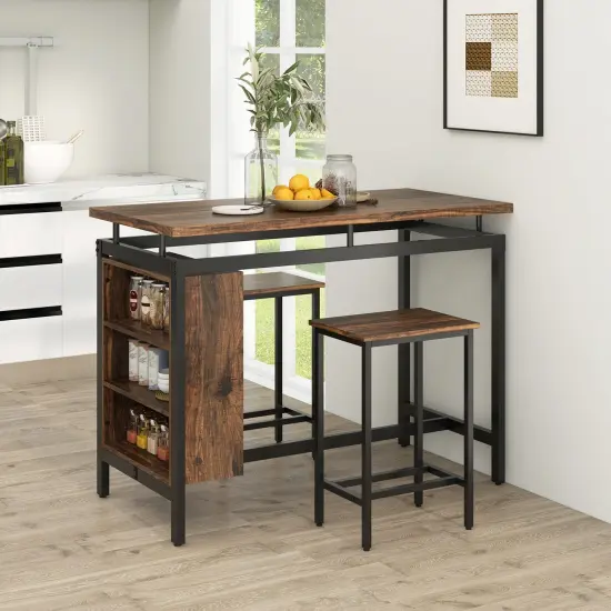 3 Pieces Dining Table Set with 3-Tier Storage Shelf and Metal Frame-Brown {2}