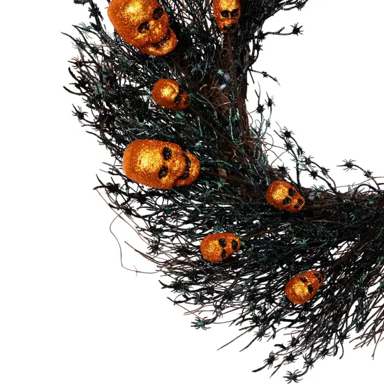Northlight Glittered Skulls and Spiders Halloween Twig Wreath - 22" - Unlit Black {6}