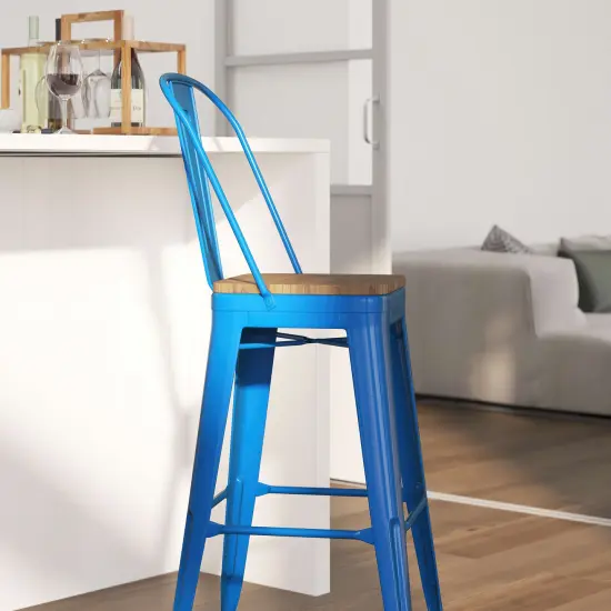 Merrick Lane Dothan Metal Dining Stool with Curved Slatted Back and Textured Wood Seat Green {9}