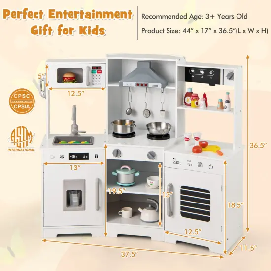 Wooden Pretend Play Kitchen Toy Set with Range Hood, Real Sounds & Lights, Interactive Kitchen Playset for Kids White {4}