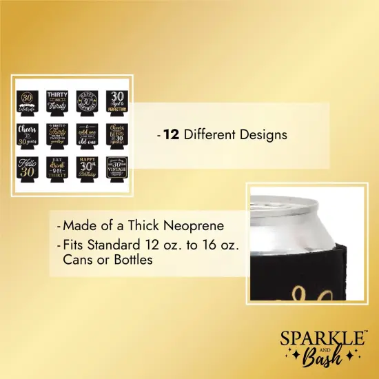 12-Pack Can Cooler Sleeves, 12 Assorted Designs Insulated Neoprene Holder Party Supplies - 30th Birthday Black {4}