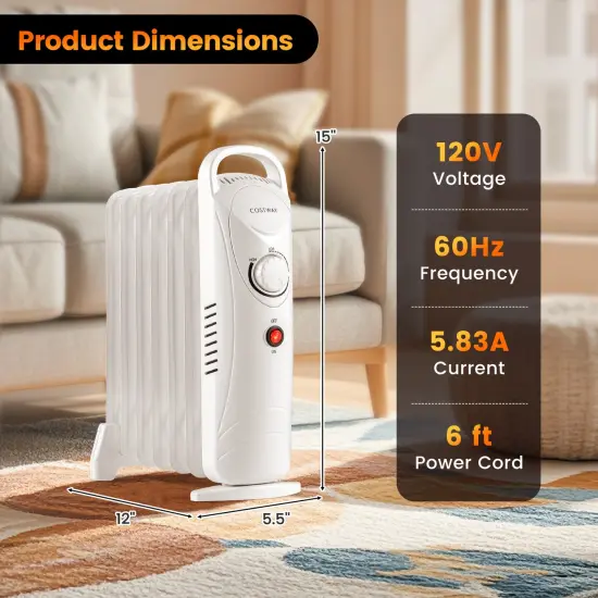 700W Electric Oil Filled Radiator Heater with Adjustable Thermostat-White {5}