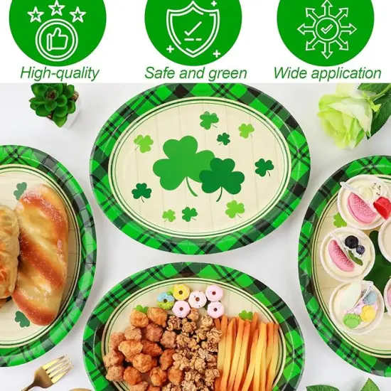 50 Pcs St. Patrick&rsquo;s Day Party Oval Paper Plates 11inch Large Green Shamrocks Platters, Wood Grain Dish Tray for Irish Party Supplies St. Patrick&rsquo;s Day Party Decor Dinner Party Tableware {4}