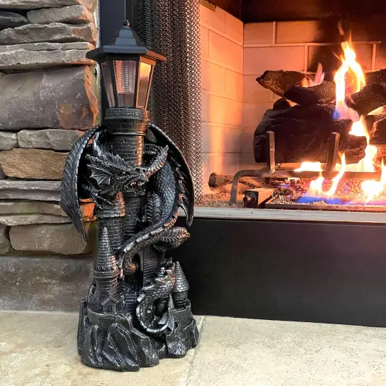 Dragon Keeper of the Castle Light Solar LED Lantern Statue Black {6}