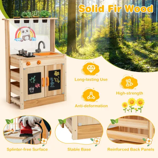 Kids Mud Kitchen Fir Wood Playset with Planting Pots and Blackboards-Natural {5}