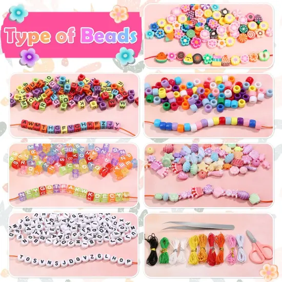Bead Bracelet Making Kit, Bead Kits for Bracelets Making with Pony Beads, Polymer Fruit Clay Beads, Charm Beads, Letter Beads for Bracelets and Jewelry Making {6}