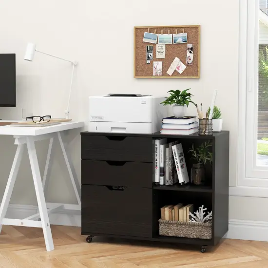 Modern Mobile File Storage Cabinet with Large Tabletop 3 Drawers and Smooth Rolling Wheels Black {6}