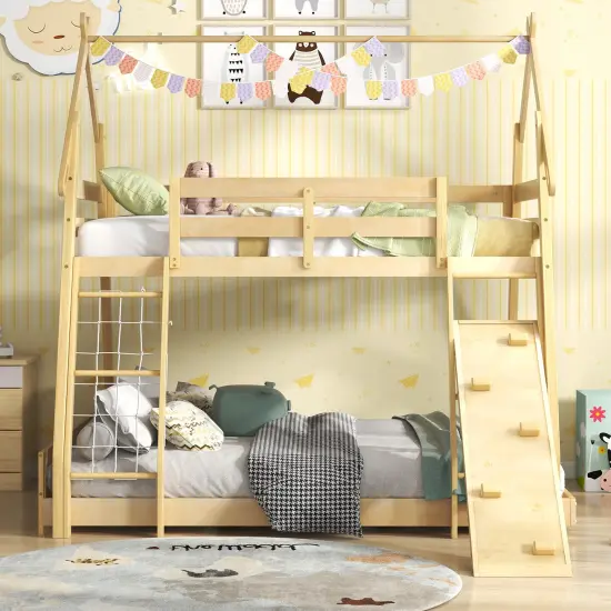 Twin Over Queen Bunk Bed Wooden Kids Bed with Climbing Nets and Ramp-Natural {3}