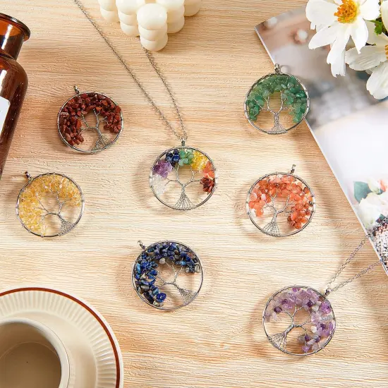 8 Pieces Life Tree Pendant Charms Gemstone Chakra Crystal Quartz Pendants Chakra Healing Charm for Necklace Earrings Bracelets Jewelry Making, Assorted Colors (Silver Chain Style) {3}