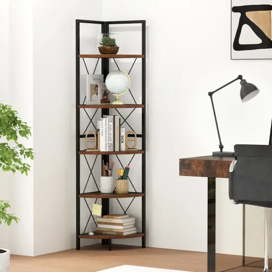 63 Inch Tall 5-Tier Freestanding Corner Storage Shelf with Heavy Duty Metal Frame and X-Shaped Brackets {3}