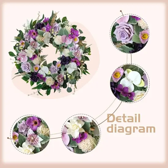 22" Artificial Flower Wreath Spring/Summer Floral Wreaths for Front Door with Roses Orchid Gardenia Dahlia Full and Elegant Decor for Inside Outside Wall Window Festival Party Wedding （White Purple） {2}