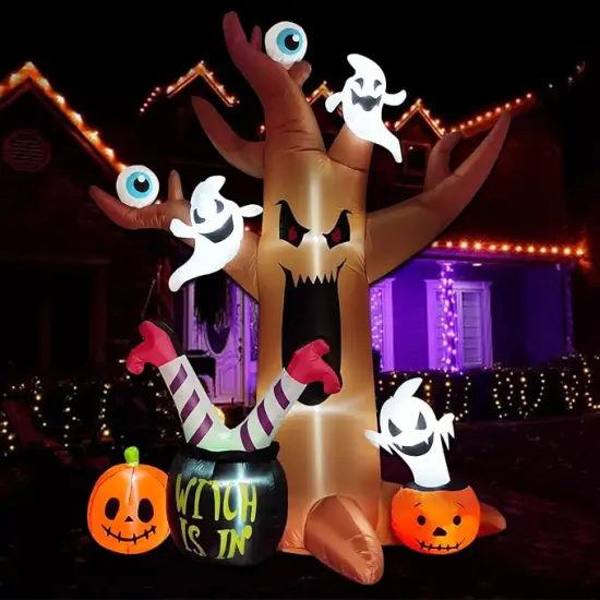 Outdoor Spooky Halloween Tree with Blow up Ghosts, Eyeballs, Pumpkins {4}