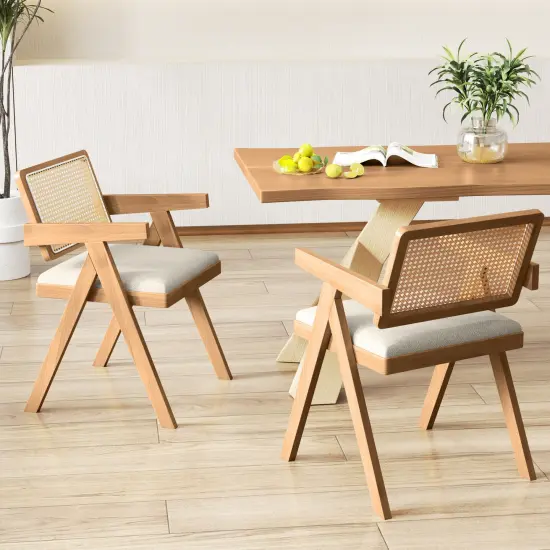 Set of 2 Rattan Accent Chairs with Padded Cushion & Rubber Wood Frame for Living Room Beige {3}