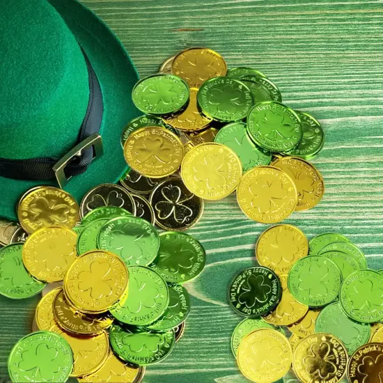 St. Patrick's Day Gold Coins, 120 Pieces Gold Green Lucky Coins Plastic Shamrock Leprechaun Coins, 3-Leaf Clover Coin Table Scatter Decoration for St. Patrick's Day Party Favors {5}