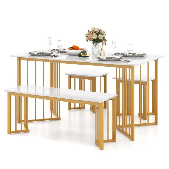 4 Piece Dining Table Set with Bench and 2 Stools-White {5}