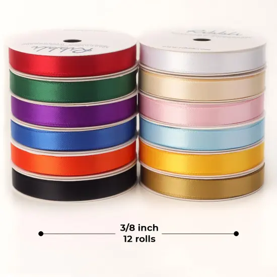 Rainbow Satin Ribbon 3/8 Inch x 12 Rolls Total 60 Yards- Colorful Ribbon for Gift Wrapping Craft Party Decoration Baby Shower Wedding {1}