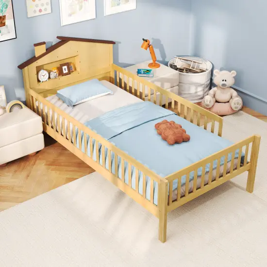 Wood Montessori Twin Bed with House-shaped Headboard, Guardrails, Built-in Storage Shelf Natural {3}