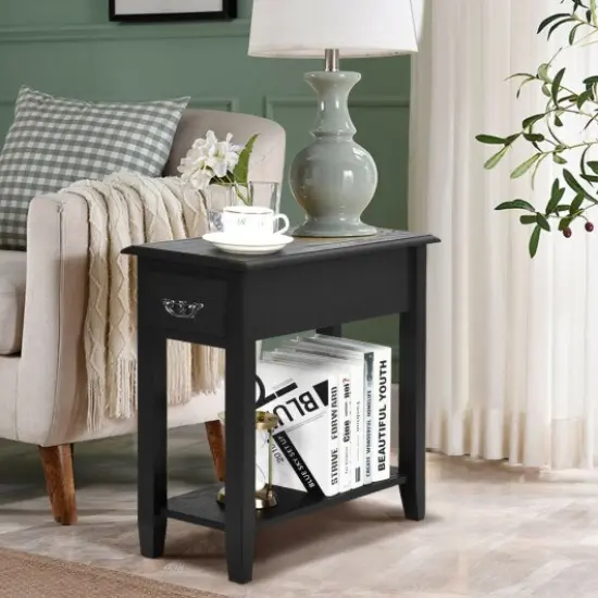 Rubber Wood End Table Set with Drawer, Open Shelf and Spacious Tabletop for Living Room or Bedroom Black {2}
