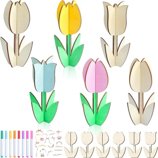 24 Pack Wood Tulips to Paint, DIY Wooden Tulips Flowers Craft Kits with Decorate Tools Spring Summer Centerpieces Craft Ornaments for Home DIY Craft Party Favors Tiered Tray Decorations {1}