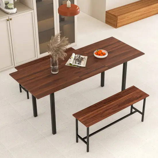 Modern Wooden 3 Piece Dining Table Set for 4-6 with 2 Benches &ndash; Sturdy, Space-Saving Design Walnut {6}