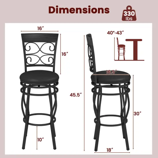 Costway Set of 2/4 Vintage Swivel Bar Stools 30'' Bistro Upholstered Dining Chairs Black {3}