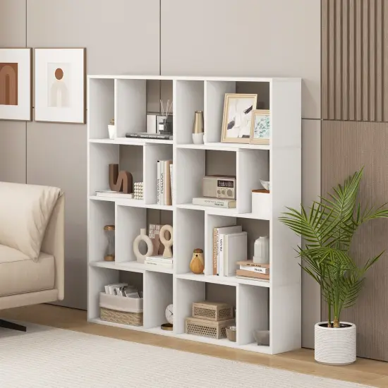 48 Inch 4-Tier Geometric Bookshelf with 8 Cubes for Living Room Bedroom White {3}
