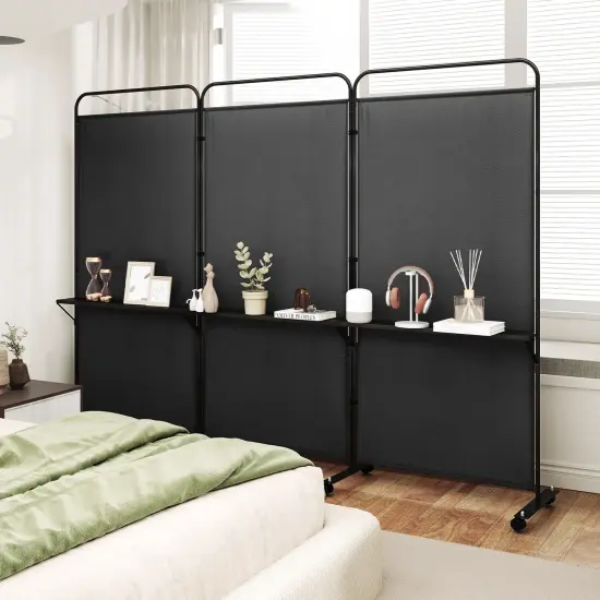 3-Panel Folding Room Divider with 3 Metal Shelves and Lockable Wheels Black {6}