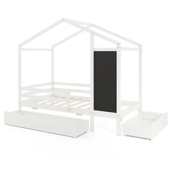 Wooden Twin House Bed with Storage Drawers Blackboard and Guardrails for Kids White {1}