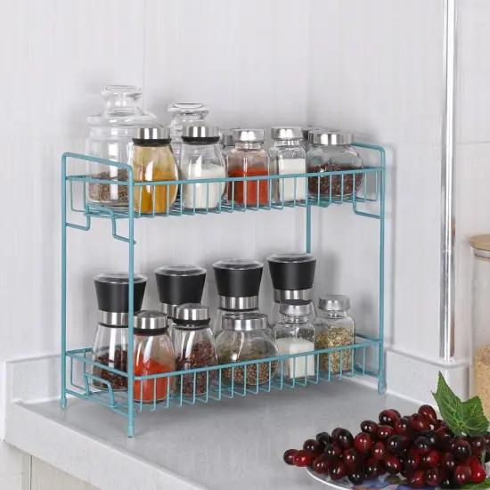Blue 2-Tier Spice Rack for Countertop, Kitchen Storage Organizer Shelf Counter Shelf Under Sink Cabinet Organizer for Kitchen Bathroom Office {6}